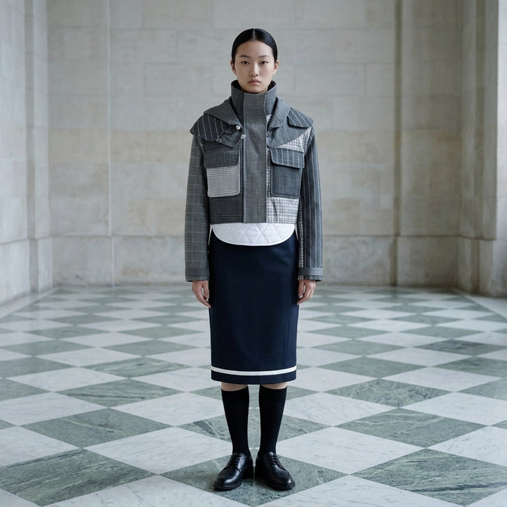 Thom Browne cropped tailored parka in grey patchwork of pinstripe, glen check and houndstooth with layered collar, flap chest pockets and quilted white curved hem - lifestyle