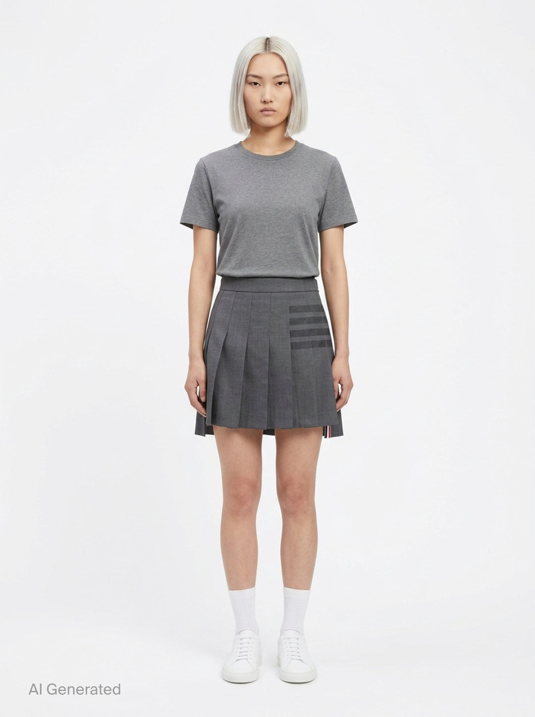 Thom Browne grey pleated mini skirt with tonal 4-bar stripe on one panel and red, white, and blue grosgrain tab at hem - front