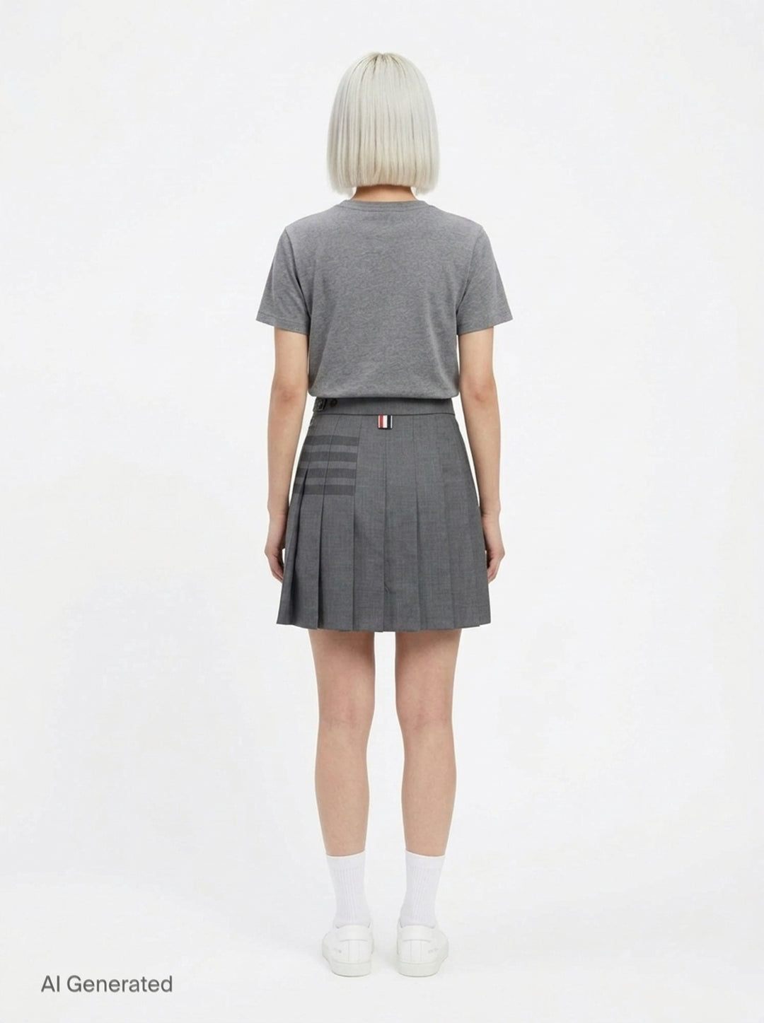 Thom Browne grey pleated mini skirt with tonal 4-bar stripe on one panel and red, white, and blue grosgrain tab at hem - back