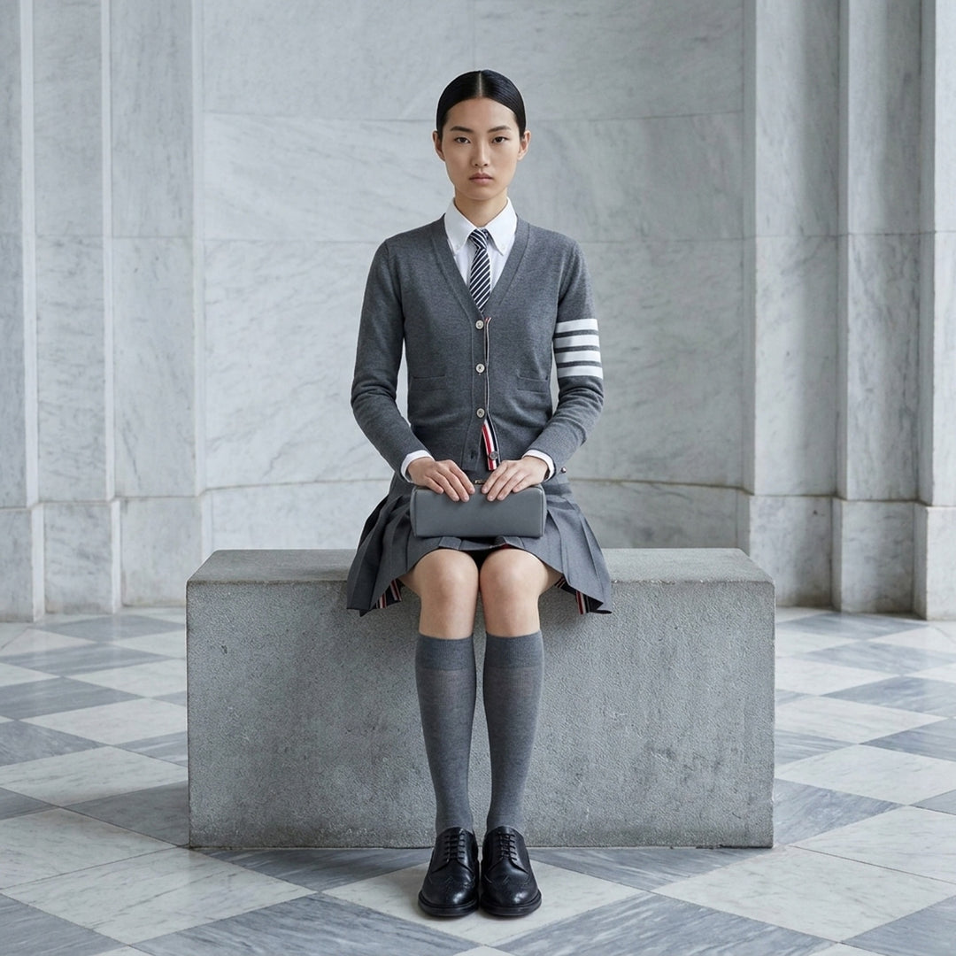 Thom Browne grey pleated mini skirt with tonal 4-bar stripe on one panel and red, white, and blue grosgrain tab at hem - lifestyle