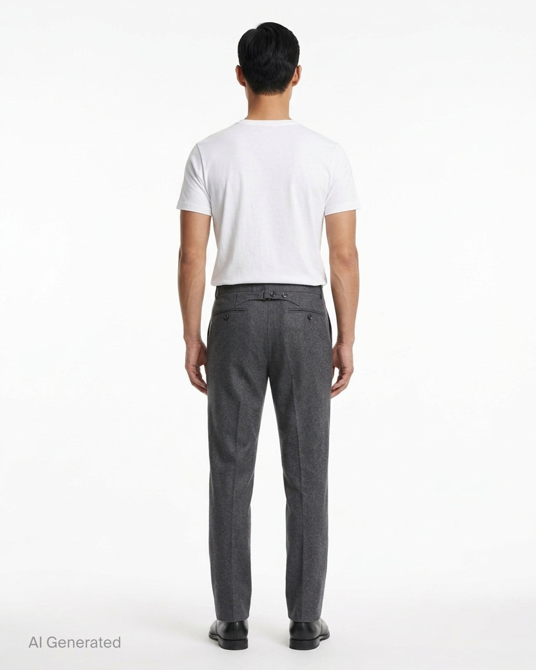 Thom Browne Fit 1 backstrap trousers in charcoal grey with flat front and slim straight leg, shown front view - back