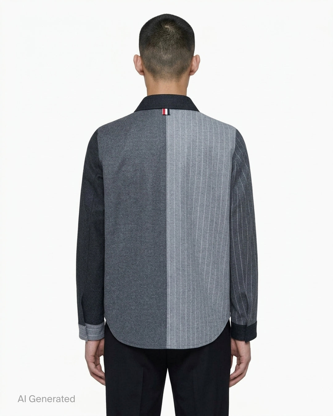 Thom Browne Funmix utility jacket in mixed grey and charcoal pinstripe with contrast patch pockets and snap button front - back