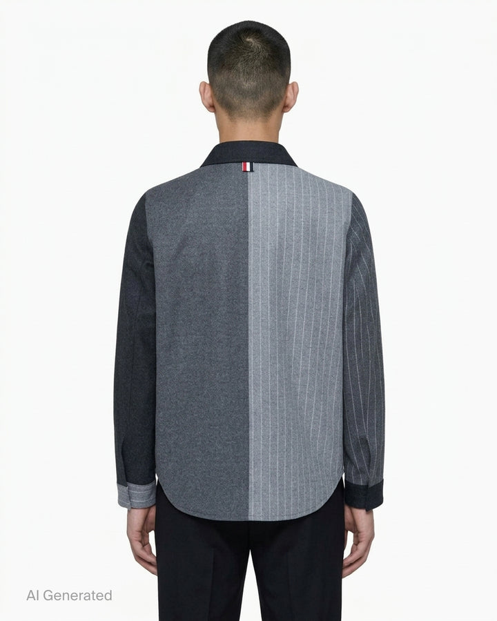 Thom Browne Funmix utility jacket in mixed grey and charcoal pinstripe with contrast patch pockets and snap button front - back