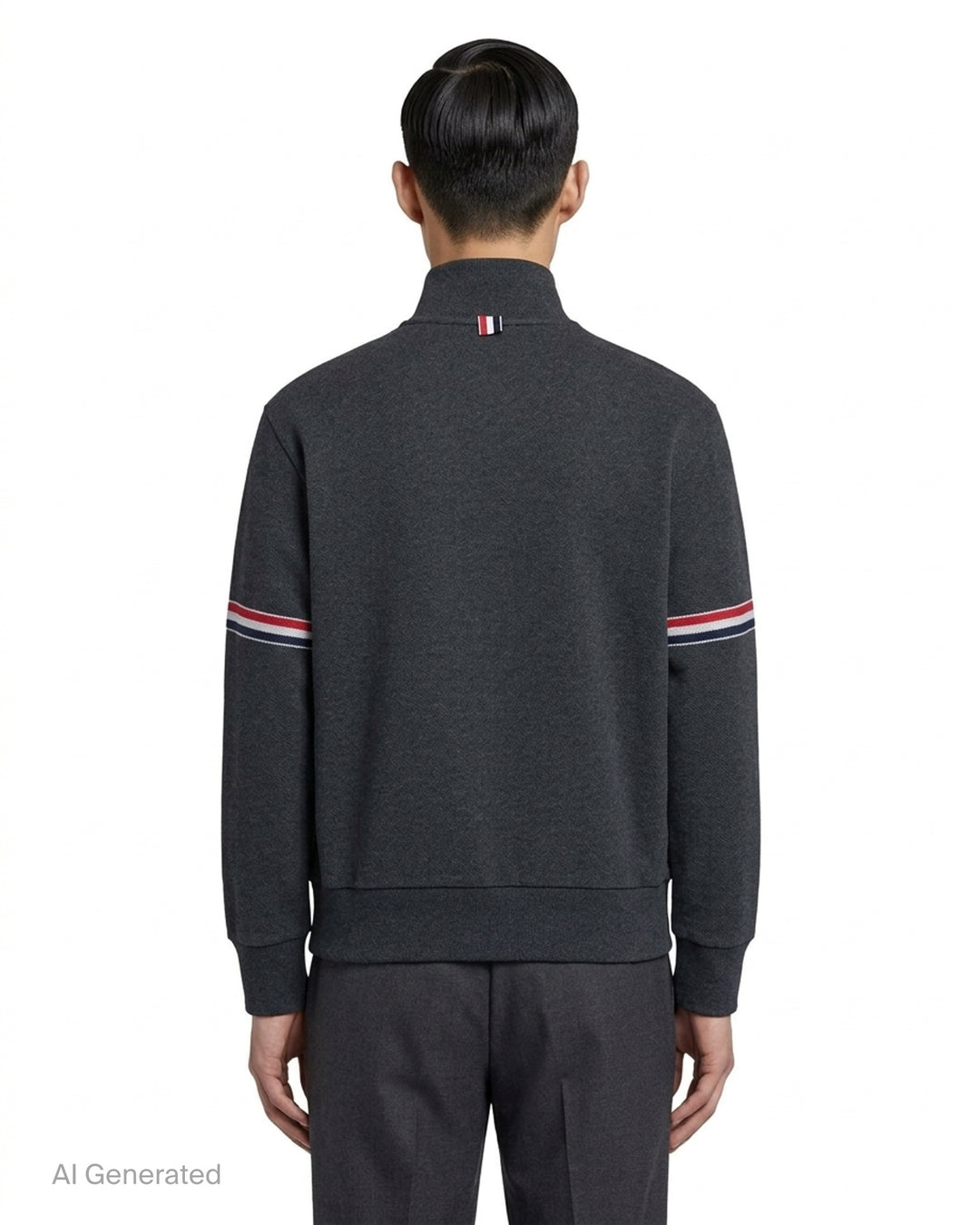 Thom Browne charcoal grey piqué funnel neck pullover with five-button placket, kangaroo pocket and red, white and blue striped sleeves - back
