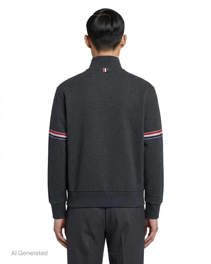 Thom Browne charcoal grey piqué funnel neck pullover with five-button placket, kangaroo pocket and red, white and blue striped sleeves - back
