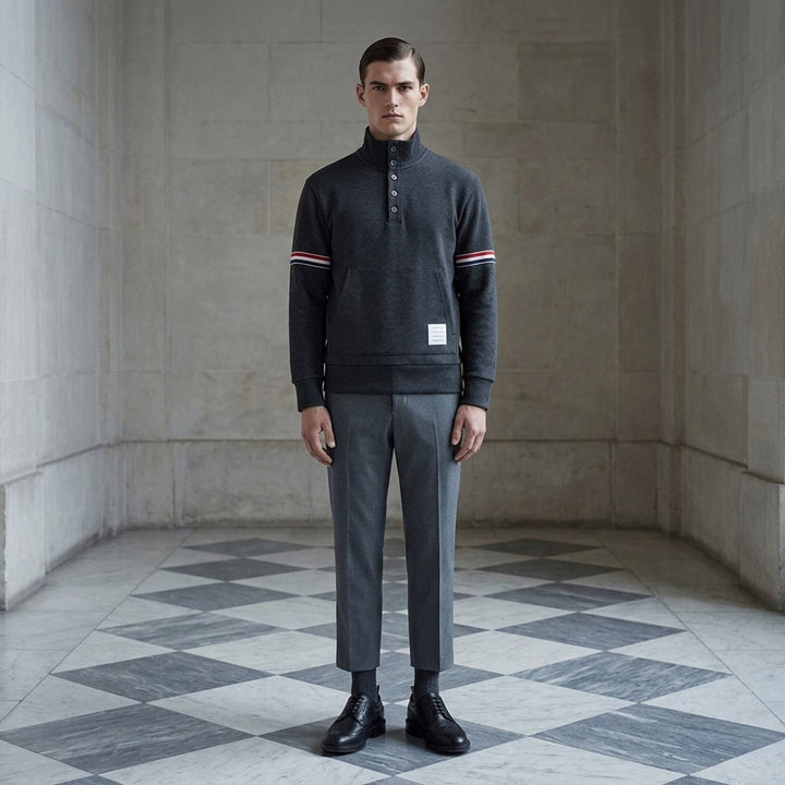 Thom Browne charcoal grey piqué funnel neck pullover with five-button placket, kangaroo pocket and red, white and blue striped sleeves - lifestyle