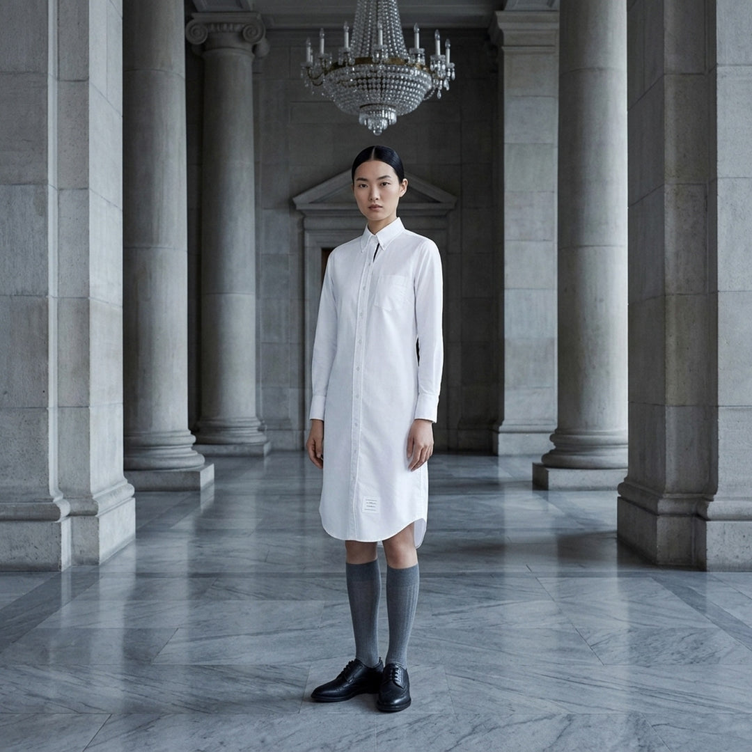 Thom Browne Oxford Grosgrain Placket Classic Shirtdress / White Size 40