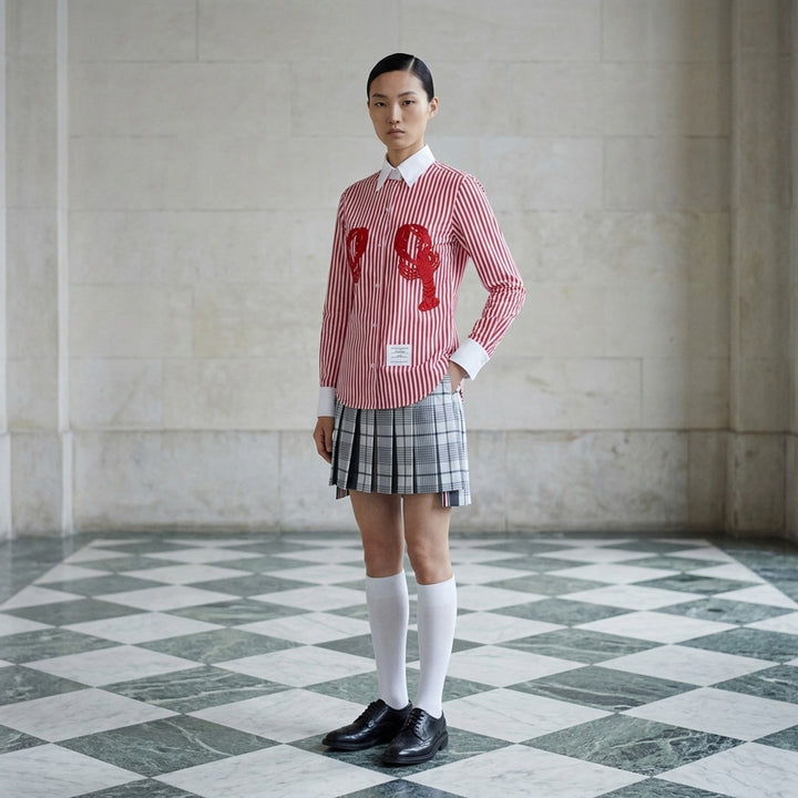 Thom Browne red and white candy-striped button-down shirt with 3D red lacework lobster appliqués on the chest, white contrast point collar and cuffs, and signature woven label at the hem - lifestyle