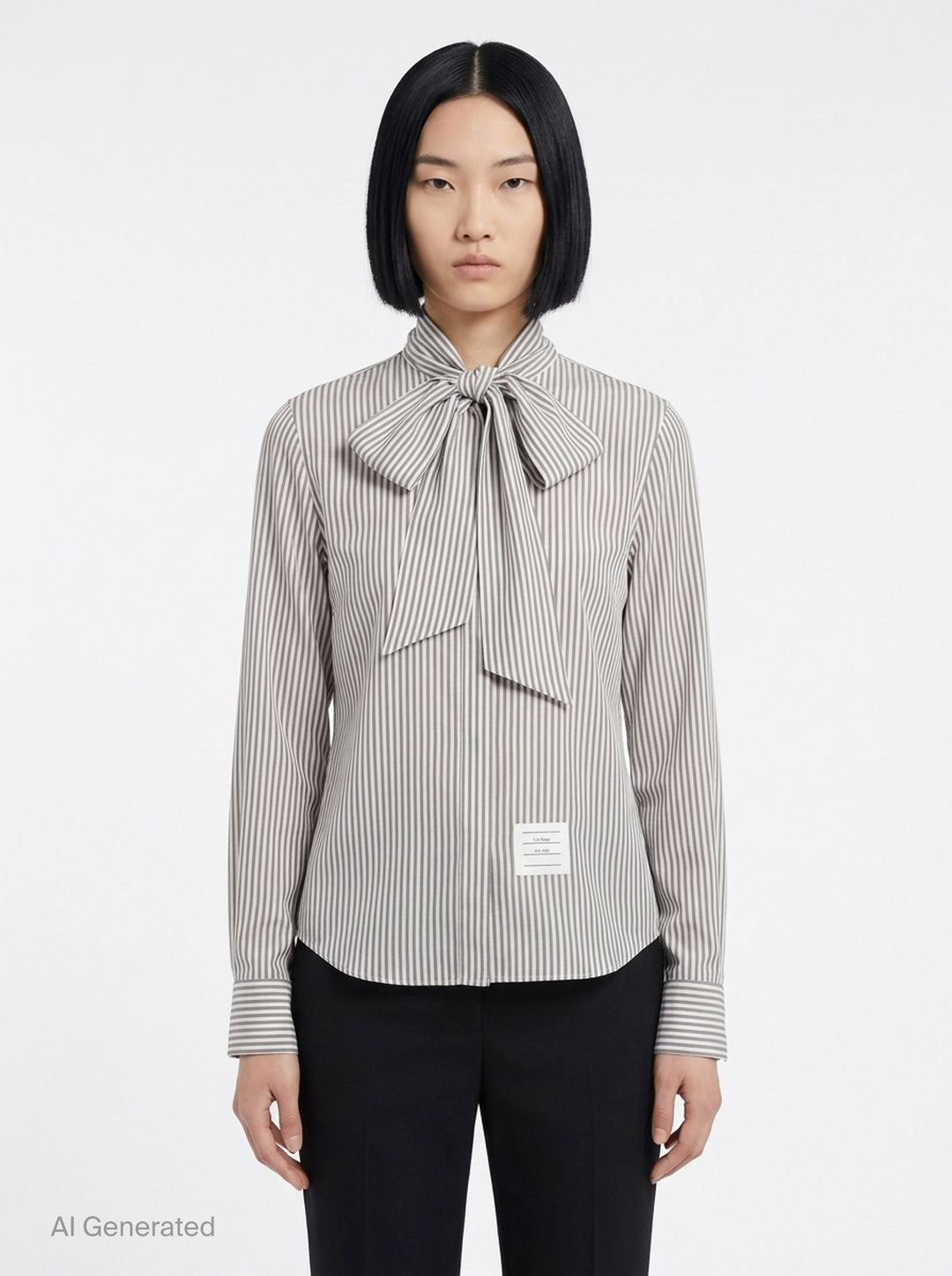 Thom Browne grey and white vertical stripe long sleeve blouse with detachable pussy-bow collar, contrast horizontal-stripe cuffs, and signature woven label patch at the hip - front