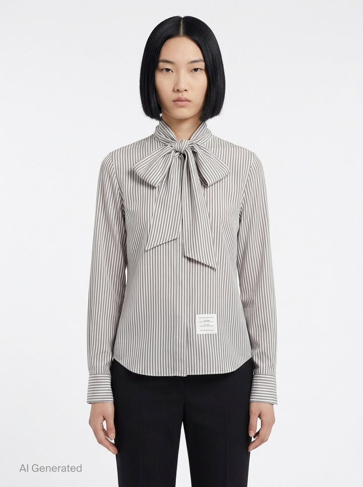 Thom Browne grey and white vertical stripe long sleeve blouse with detachable pussy-bow collar, contrast horizontal-stripe cuffs, and signature woven label patch at the hip - front