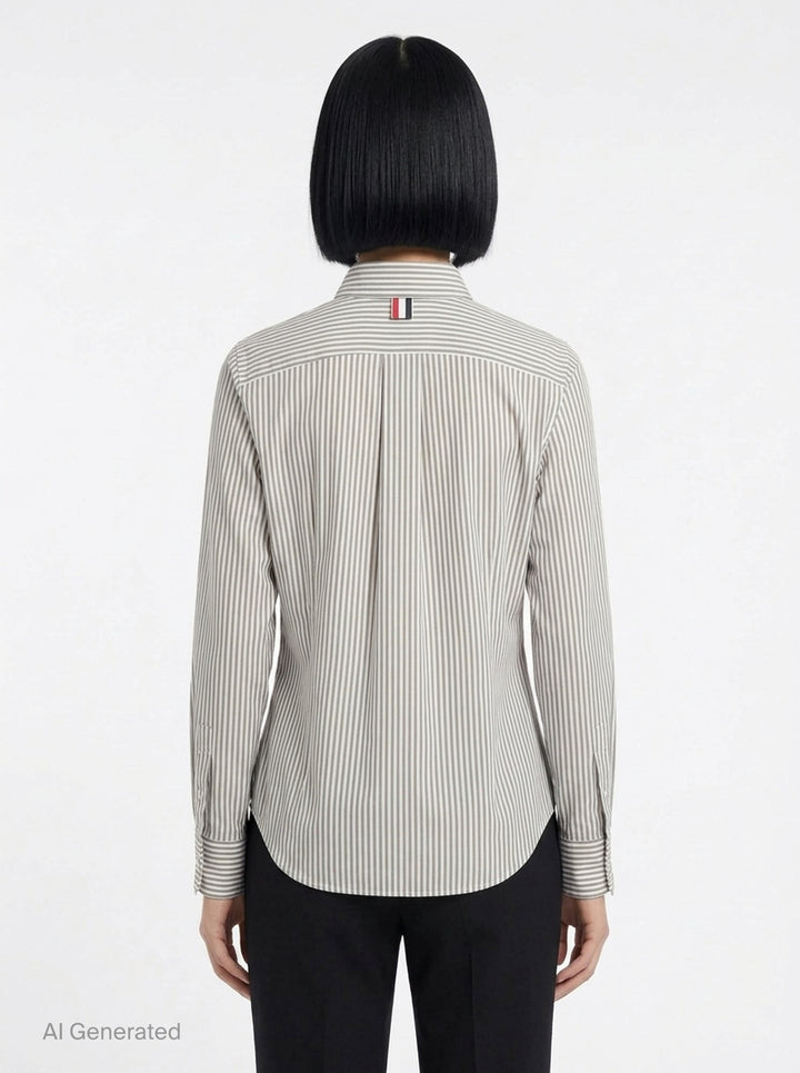 Thom Browne grey and white vertical stripe long sleeve blouse with detachable pussy-bow collar, contrast horizontal-stripe cuffs, and signature woven label patch at the hip - back