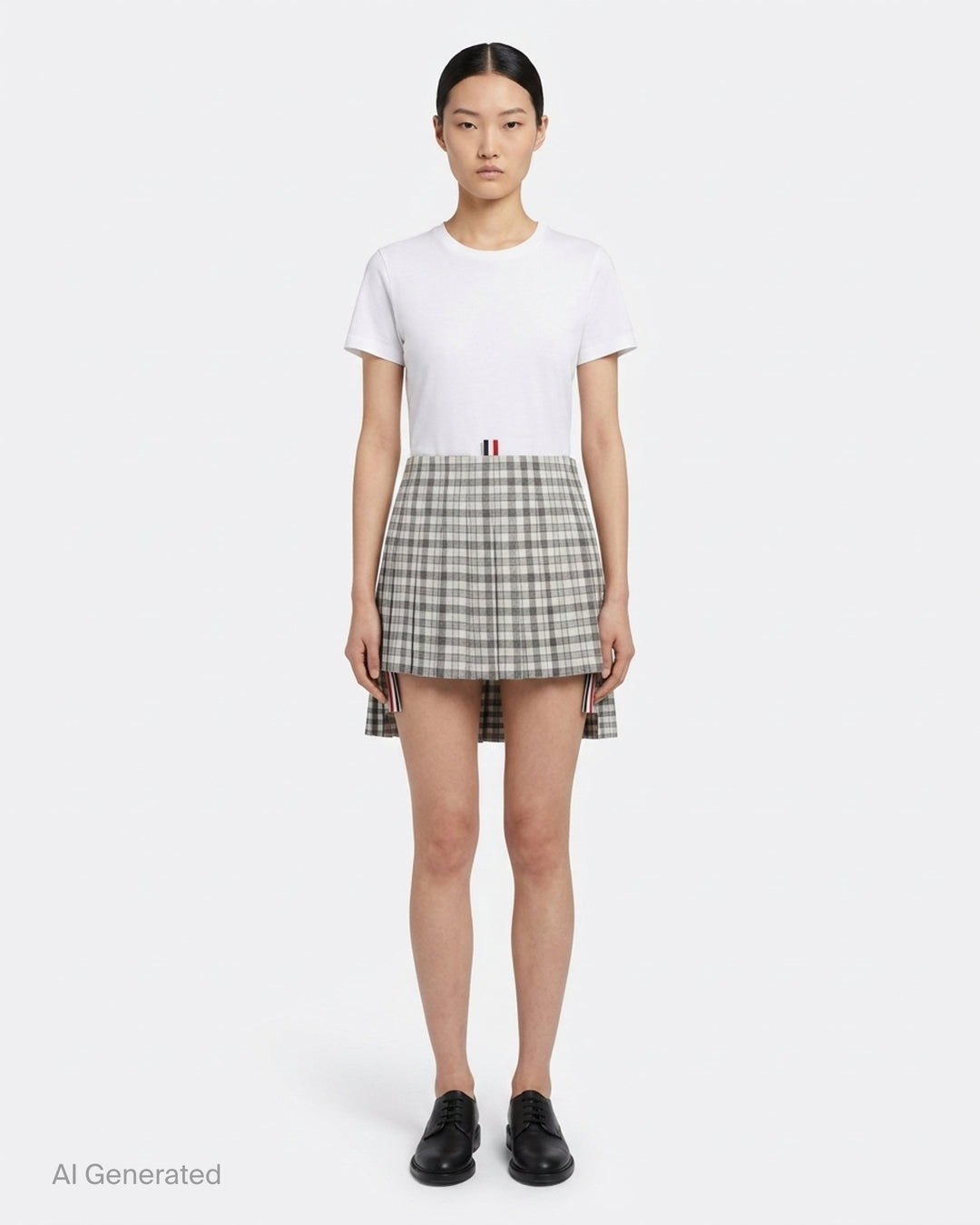 Thom Browne low-rise mini pleated skirt in grey and white gingham check with layered hem and red, white, and blue grosgrain trim - front