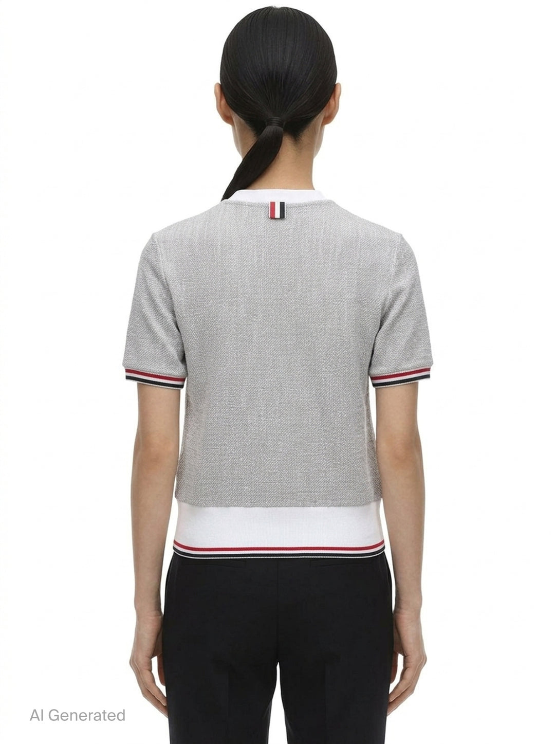 Thom Browne heather grey textural knit short sleeve tee with red, white, and blue striped tipping on sleeve cuffs and hem, white ribbed crew neck and hem band, and woven brand label on chest - back