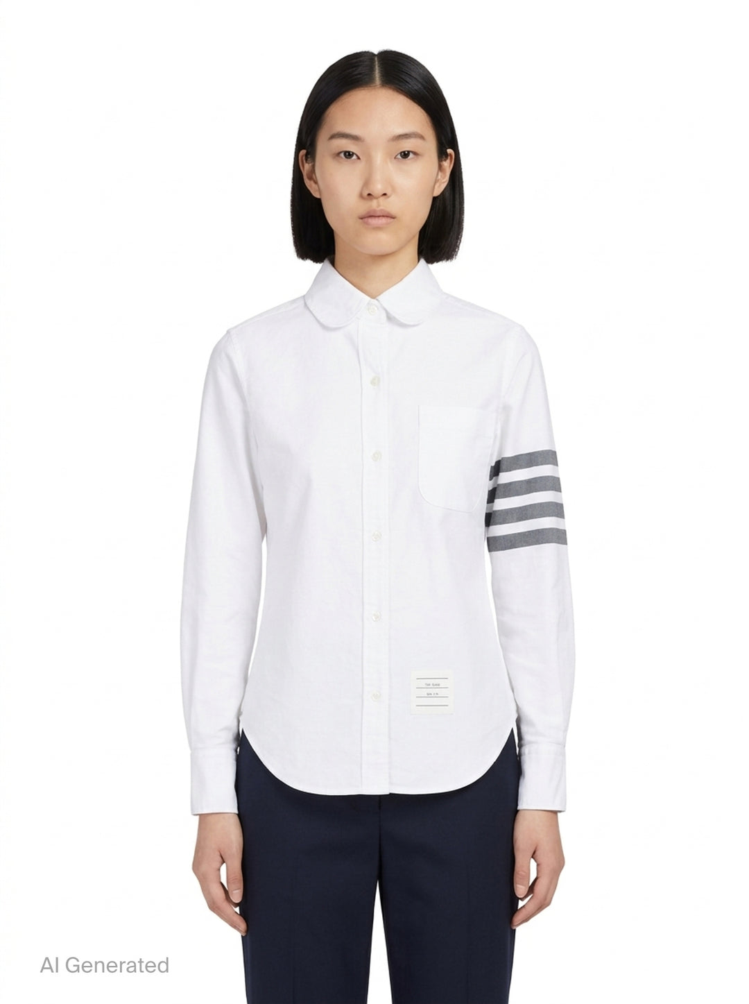 Thom Browne white oxford long sleeve shirt with rounded collar, button-front placket, single chest pocket, and signature four-bar grey stripe across one sleeve - front