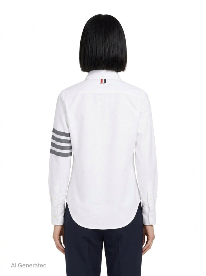 Thom Browne white oxford long sleeve shirt with rounded collar, button-front placket, single chest pocket, and signature four-bar grey stripe across one sleeve - back