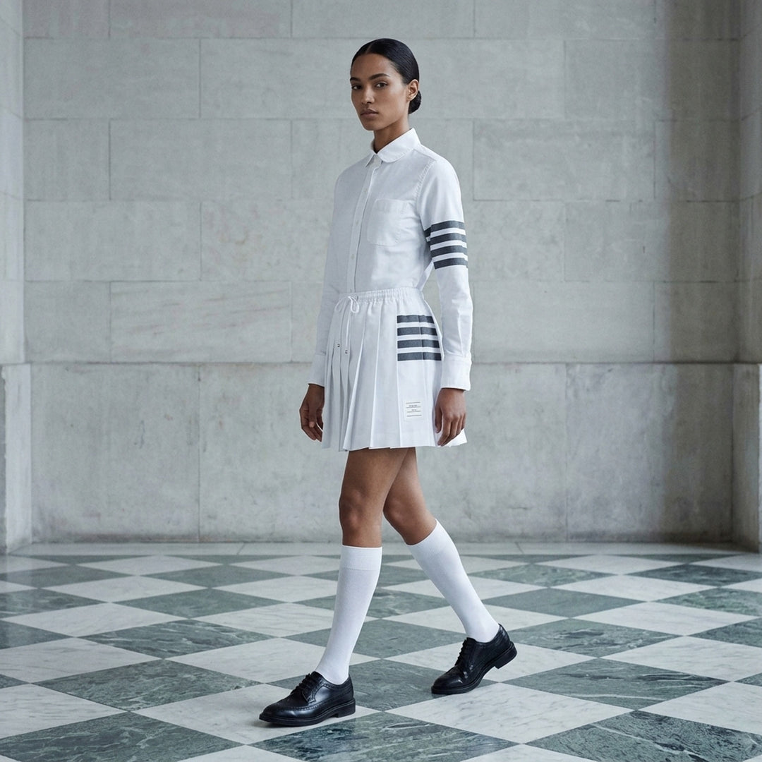 Thom Browne white oxford long sleeve shirt with rounded collar, button-front placket, single chest pocket, and signature four-bar grey stripe across one sleeve - lifestyle