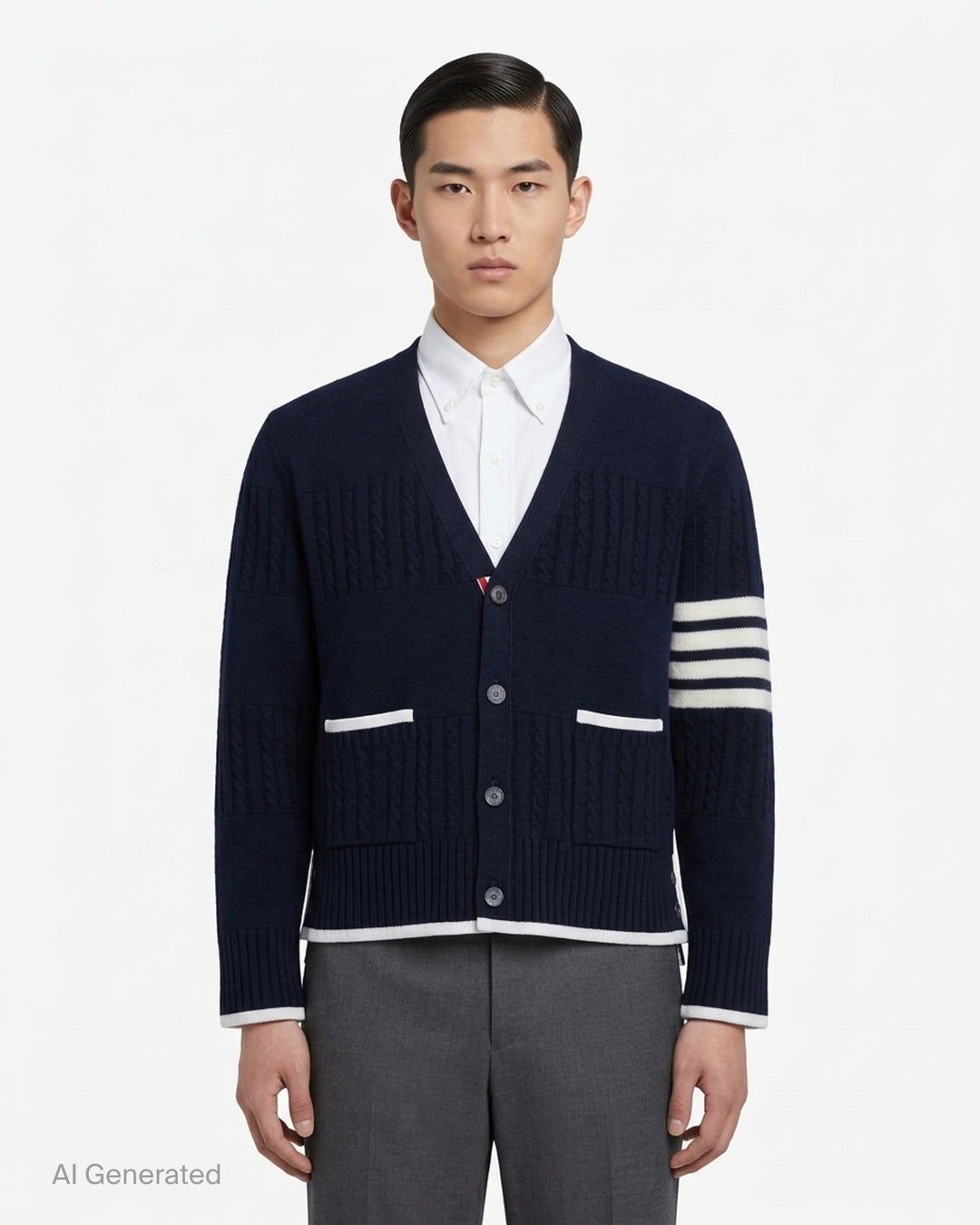 Thom Browne navy V-neck cardigan with cable and Milano stitch panels, white grosgrain trim and signature 4-bar stripe on the sleeve - front