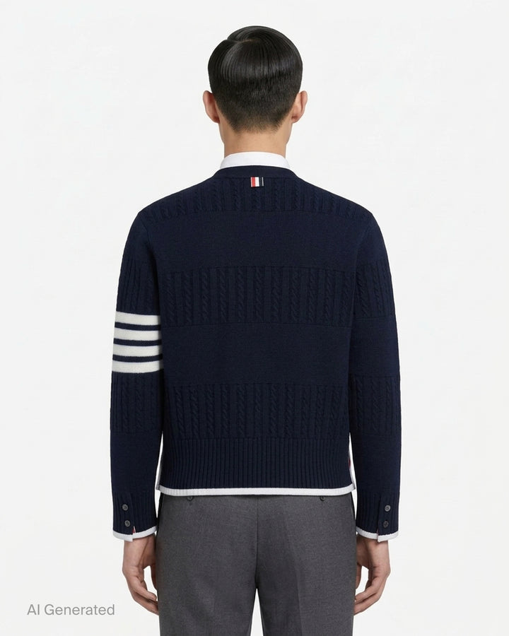 Thom Browne navy V-neck cardigan with cable and Milano stitch panels, white grosgrain trim and signature 4-bar stripe on the sleeve - back