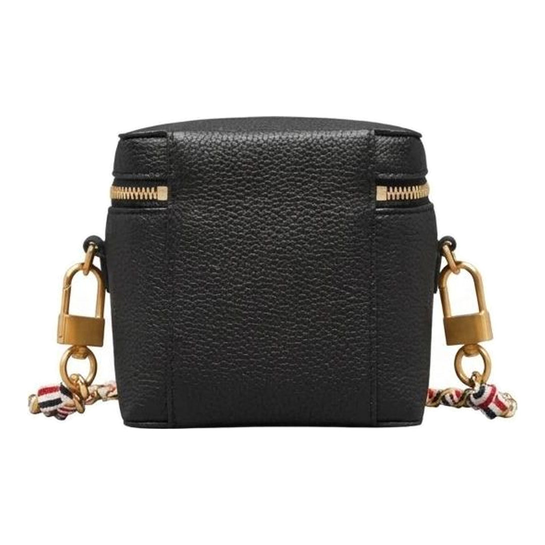 Thom Browne burgundy pebbled leather box pouch with double gold-tone zip closure and long crossbody chain strap featuring red, white, and blue woven ribbon interlaced with gold links - packshot