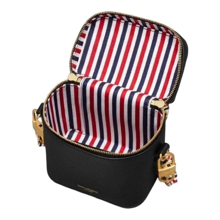Thom Browne burgundy pebbled leather box pouch with double gold-tone zip closure and long crossbody chain strap featuring red, white, and blue woven ribbon interlaced with gold links - packshot