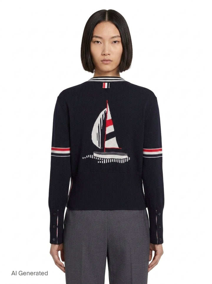 Sailboat Jacquard V-Neck Cardigan | Thom Browne | Club21 - back