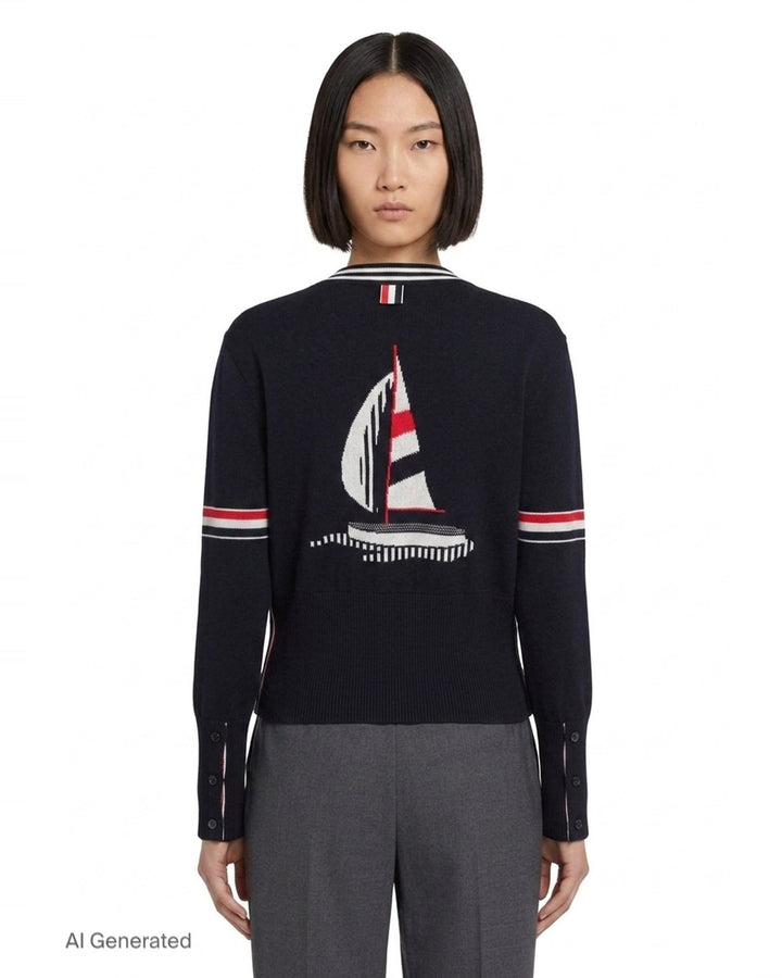 Sailboat Jacquard V-Neck Cardigan | Thom Browne | Club21 - back