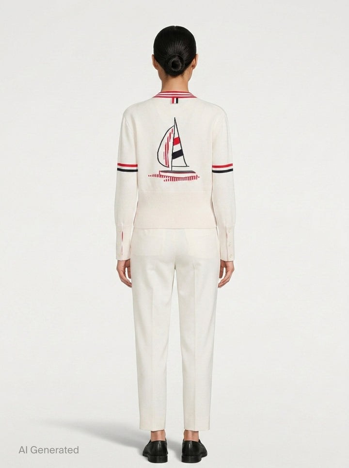 Sailboat Jacquard V-Neck Cardigan | Thom Browne | Club21 - back