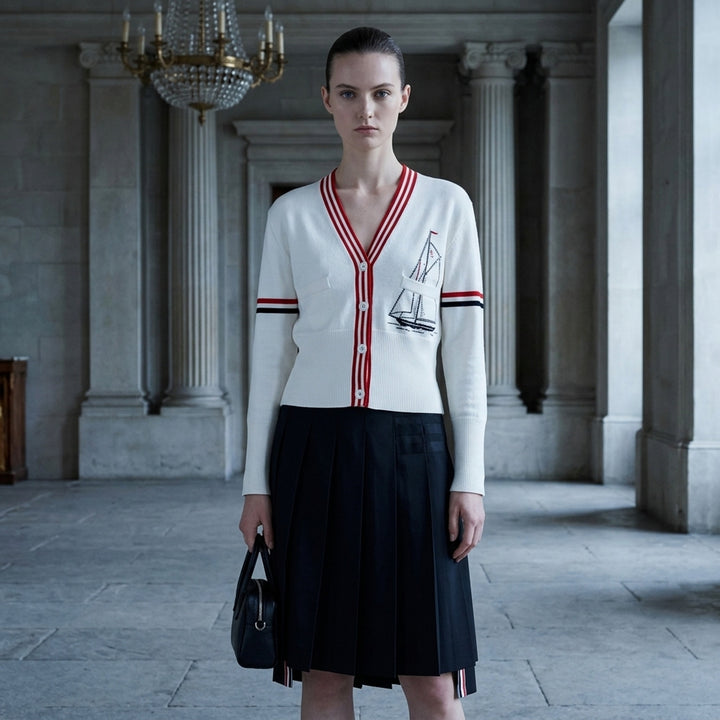 Sailboat Jacquard V-Neck Cardigan | Thom Browne | Club21 - lifestyle
