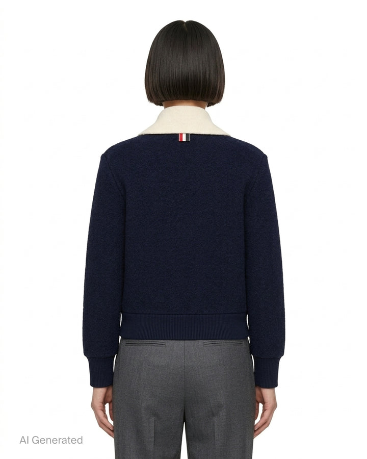 Thom Browne navy wool cardigan jacket with cream ribbed shawl collar, contrast button placket and woven label at the hem - back