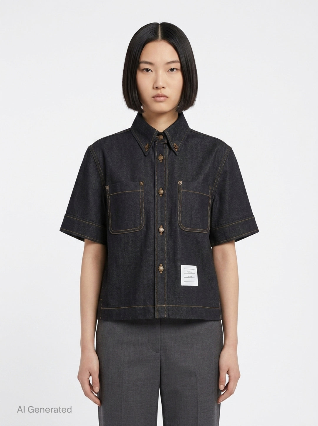 Short Sleeve Denim Button Down Shirt | Thom Browne | Club21 - front