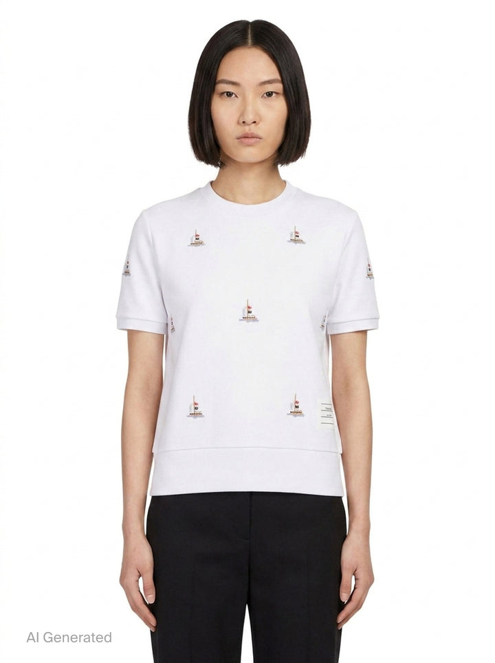Short Sleeve Sailboat Embroidered Tee | Thom Browne | Club21 - front