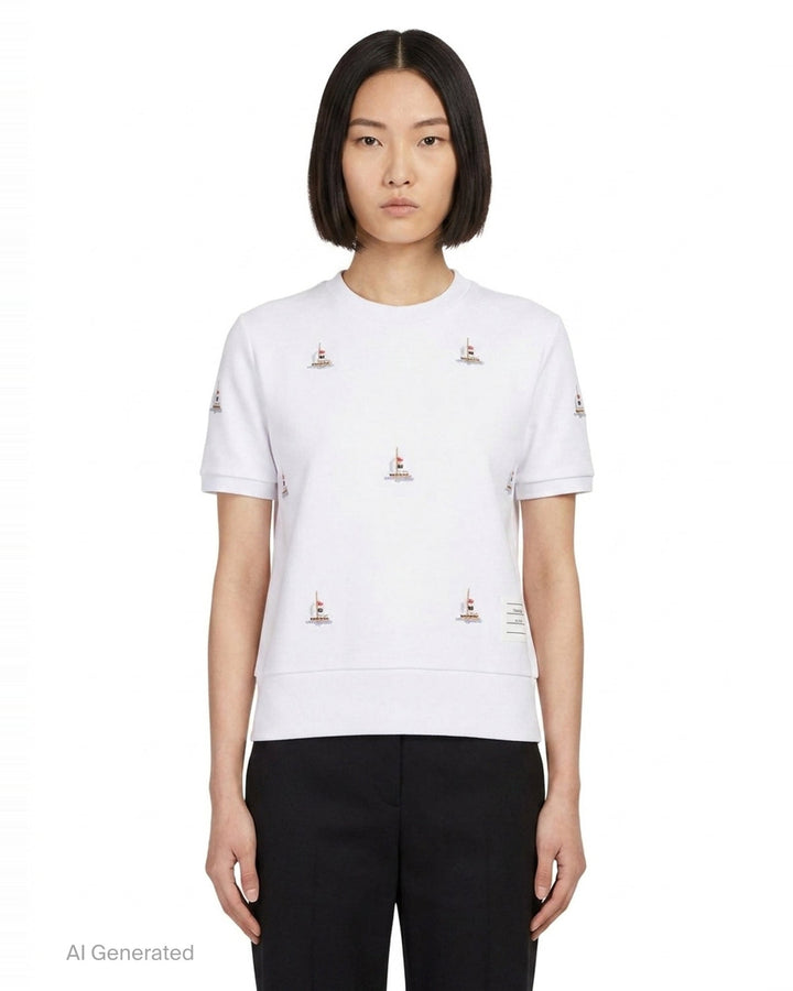 Short Sleeve Sailboat Embroidered Tee | Thom Browne | Club21 - front