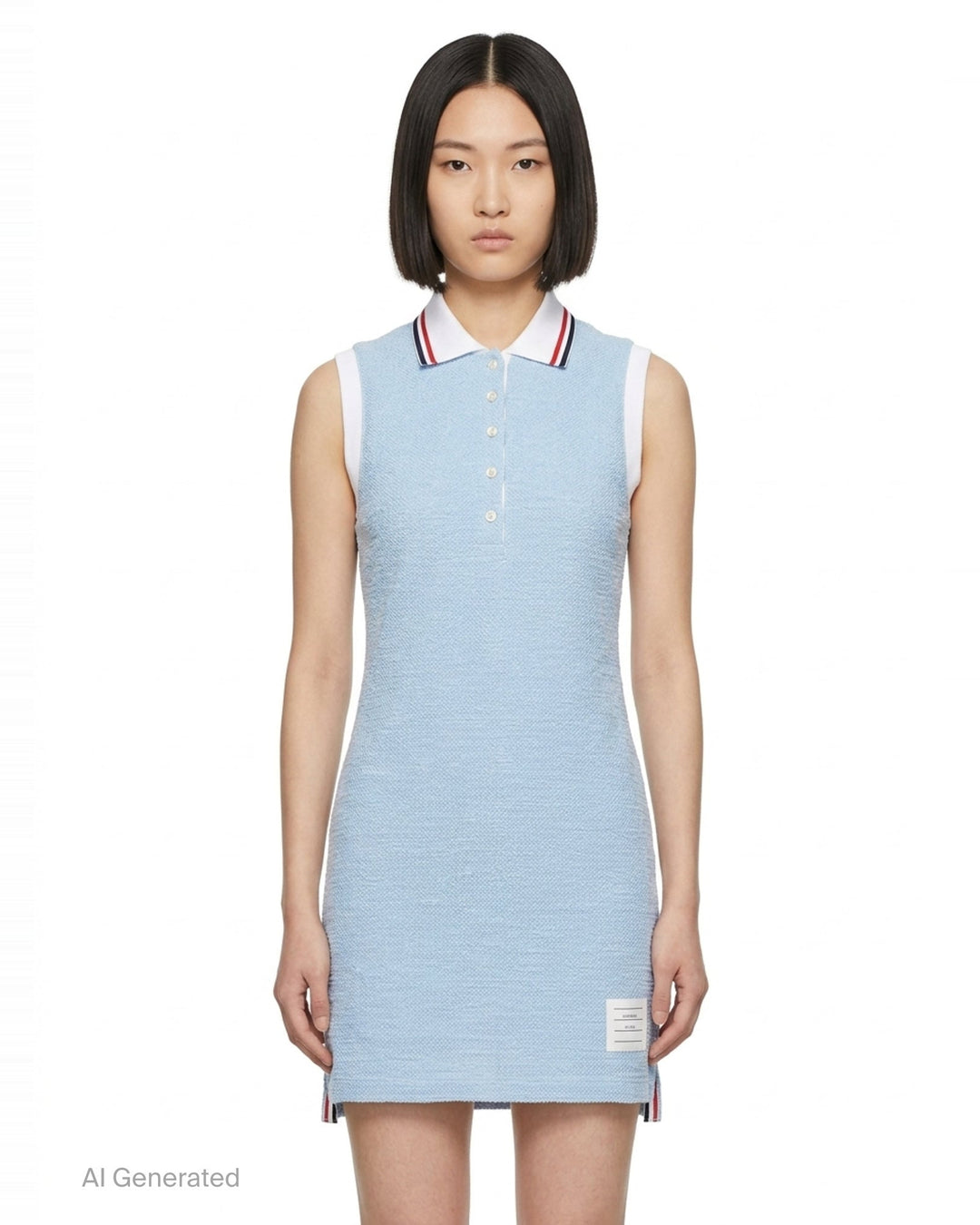 Thom Browne sleeveless polo dress in light blue bouclé with white collar featuring red, white, and blue stripe tipping, button placket, and signature 4-bar stripe at the hem - front