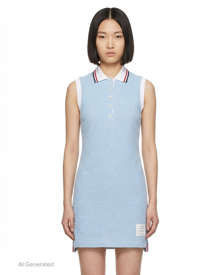 Thom Browne sleeveless polo dress in light blue bouclé with white collar featuring red, white, and blue stripe tipping, button placket, and signature 4-bar stripe at the hem - front