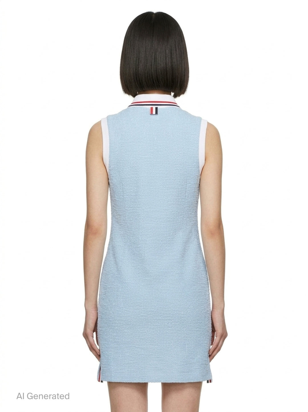 Thom Browne sleeveless polo dress in light blue bouclé with white collar featuring red, white, and blue stripe tipping, button placket, and signature 4-bar stripe at the hem - back