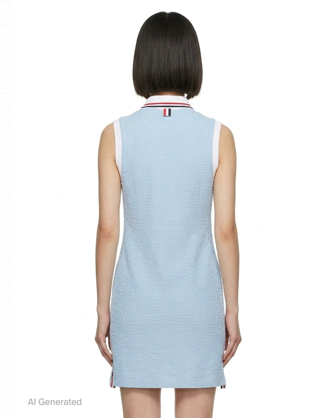 Thom Browne sleeveless polo dress in light blue bouclé with white collar featuring red, white, and blue stripe tipping, button placket, and signature 4-bar stripe at the hem - back