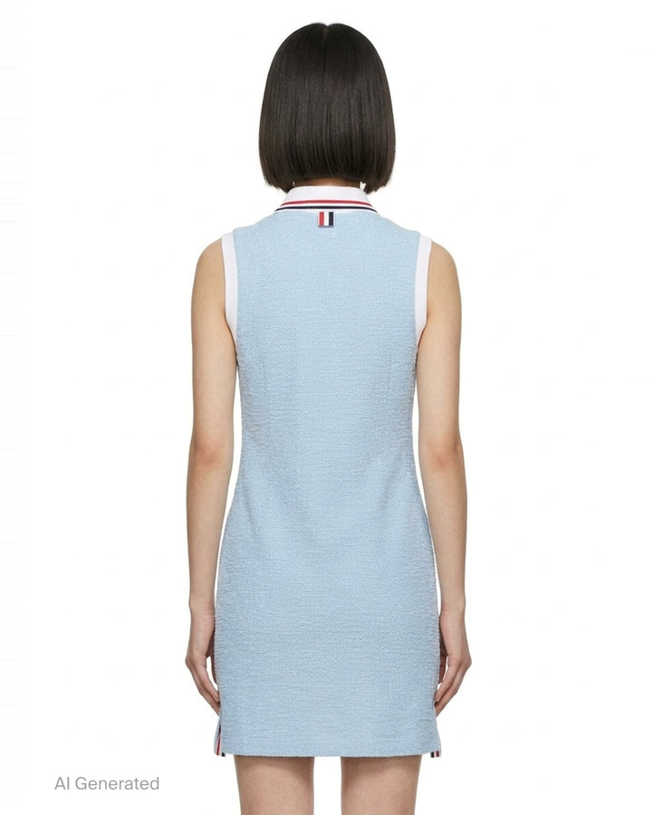 Thom Browne sleeveless polo dress in light blue bouclé with white collar featuring red, white, and blue stripe tipping, button placket, and signature 4-bar stripe at the hem - back