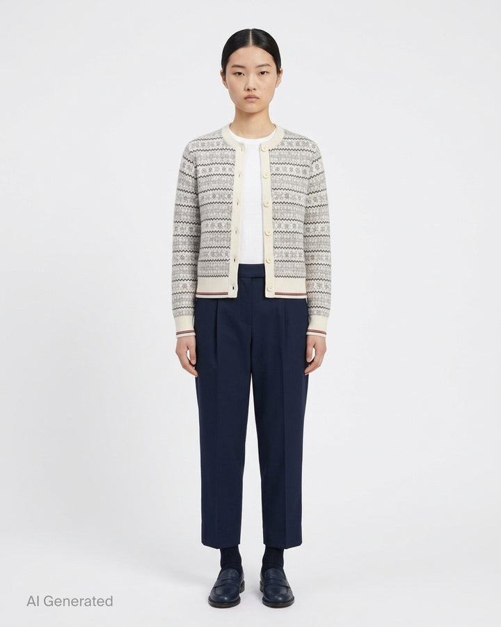 Thom Browne snowflake Fair Isle cardigan with crew neckline, button front and red, white and blue tipped ribbed hem and cuffs - front