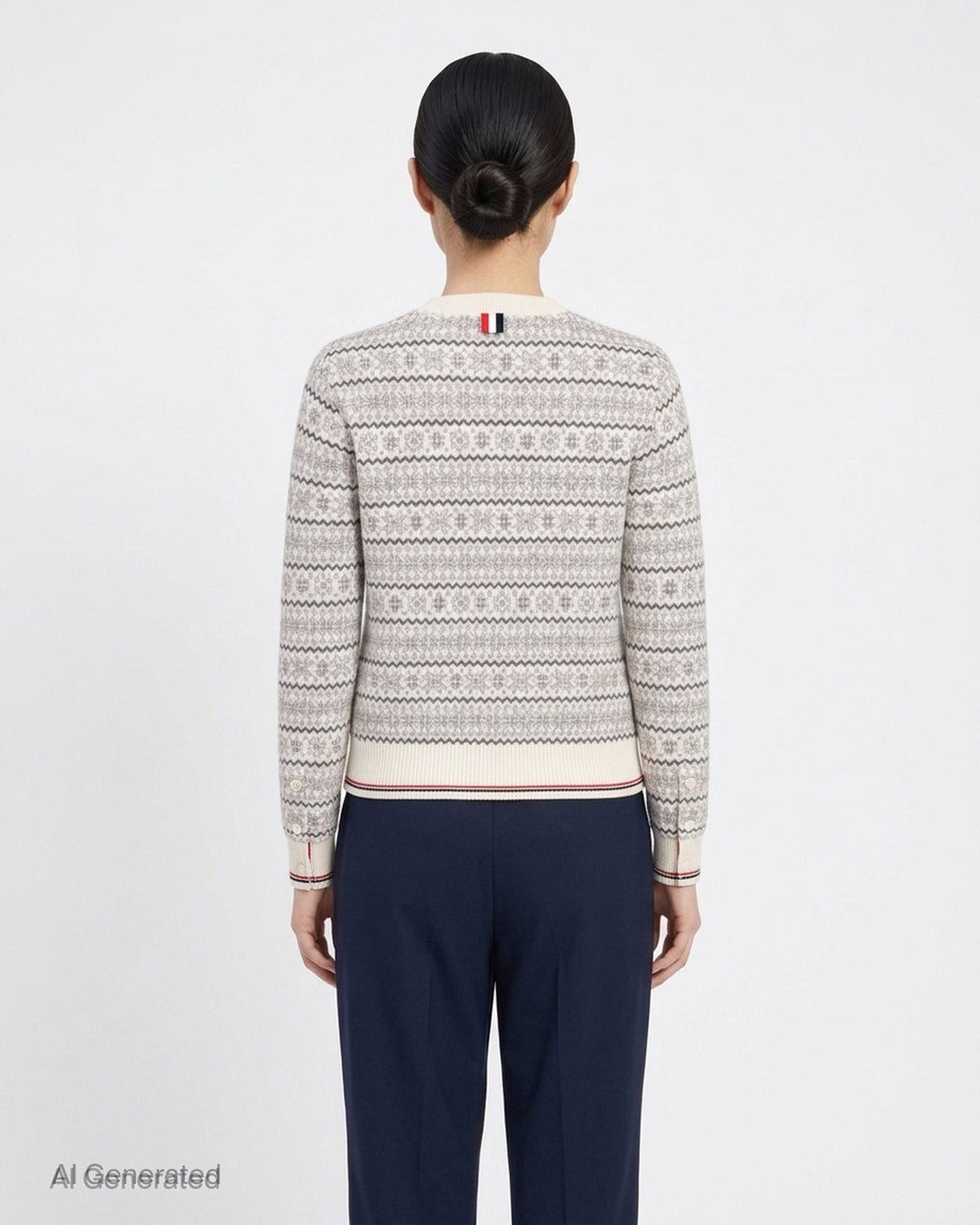 Thom Browne snowflake Fair Isle cardigan with crew neckline, button front and red, white and blue tipped ribbed hem and cuffs - back