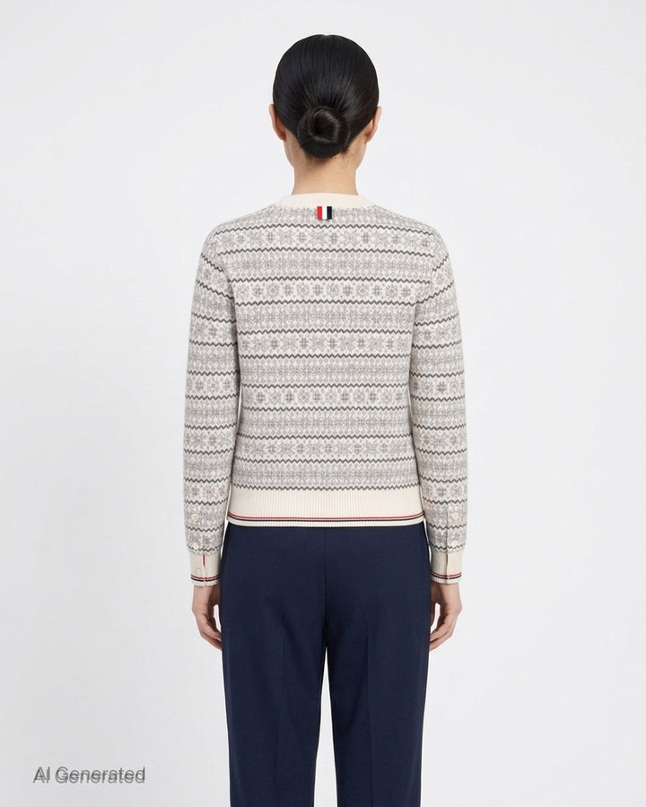 Thom Browne snowflake Fair Isle cardigan with crew neckline, button front and red, white and blue tipped ribbed hem and cuffs - back