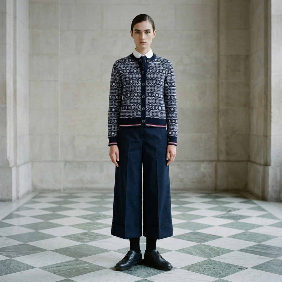 Thom Browne snowflake Fair Isle cardigan with crew neckline, button front and red, white and blue tipped ribbed hem and cuffs - lifestyle
