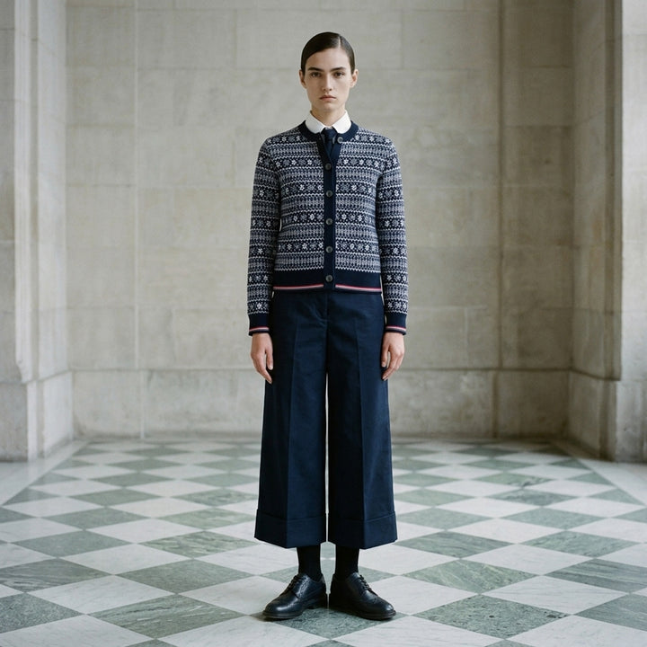 Thom Browne snowflake Fair Isle cardigan with crew neckline, button front and red, white and blue tipped ribbed hem and cuffs - lifestyle