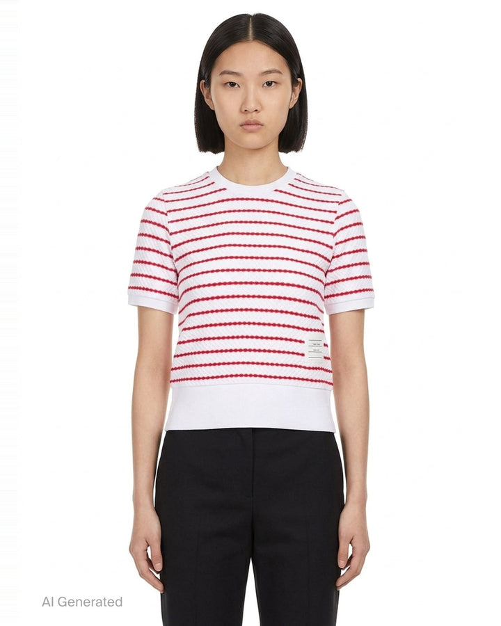 Thom Browne grey and white horizontal stripe rib short sleeve tee with contrast white crew neck, cuff, and hem trims, and a woven Thom Browne New York label at the front - front