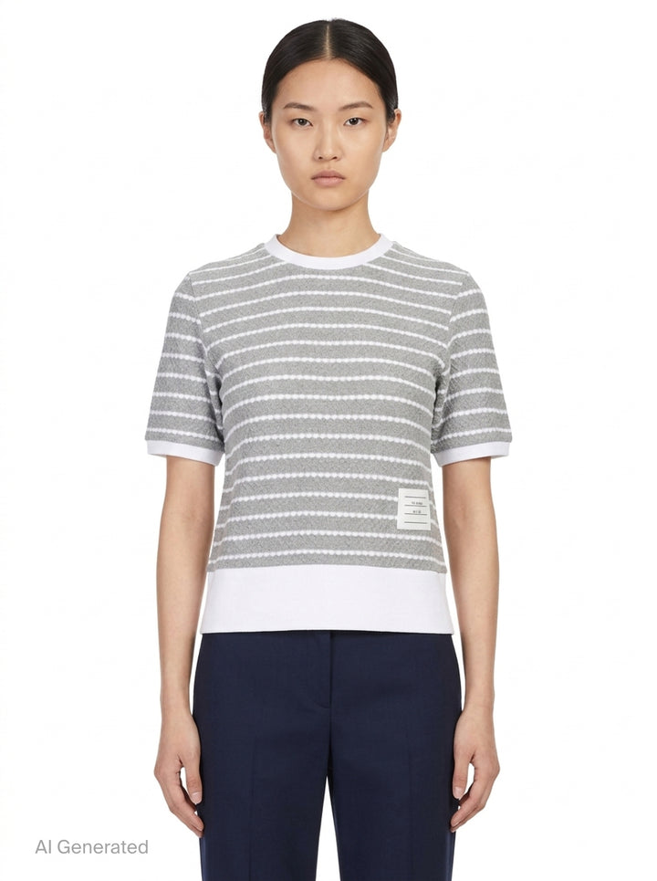Thom Browne grey and white horizontal stripe rib short sleeve tee with contrast white crew neck, cuff, and hem trims, and a woven Thom Browne New York label at the front - front