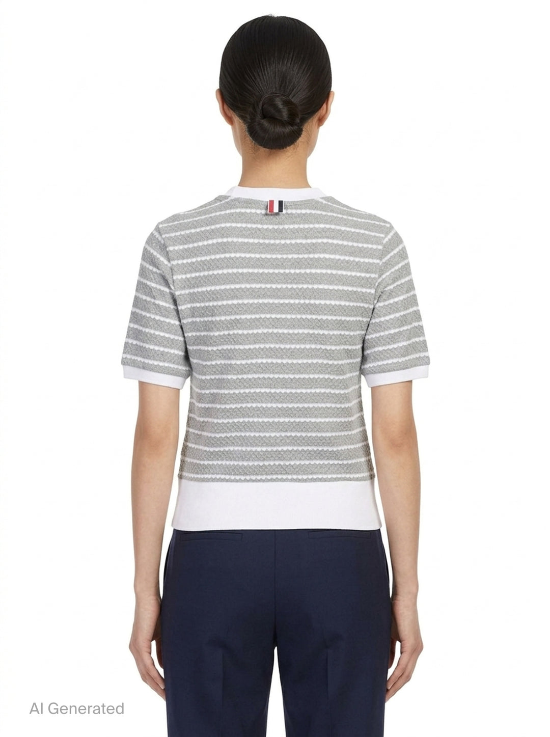 Thom Browne grey and white horizontal stripe rib short sleeve tee with contrast white crew neck, cuff, and hem trims, and a woven Thom Browne New York label at the front - back