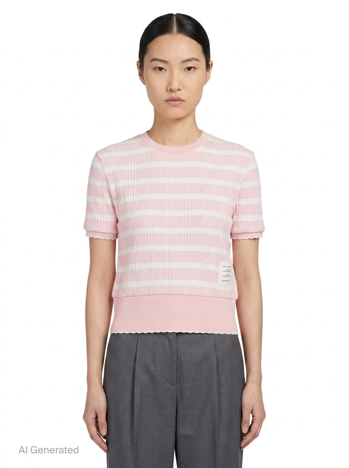 Striped Rib Scallop Edge Tee | Thom Browne | Club21 - front