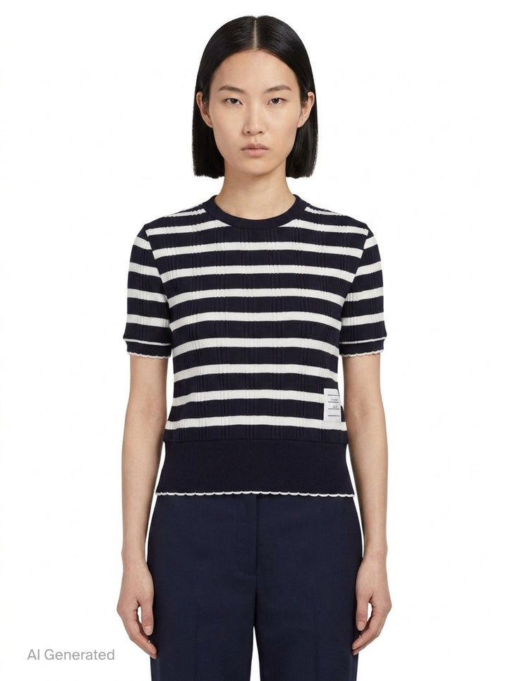 Striped Rib Scallop Edge Tee | Thom Browne | Club21 - front