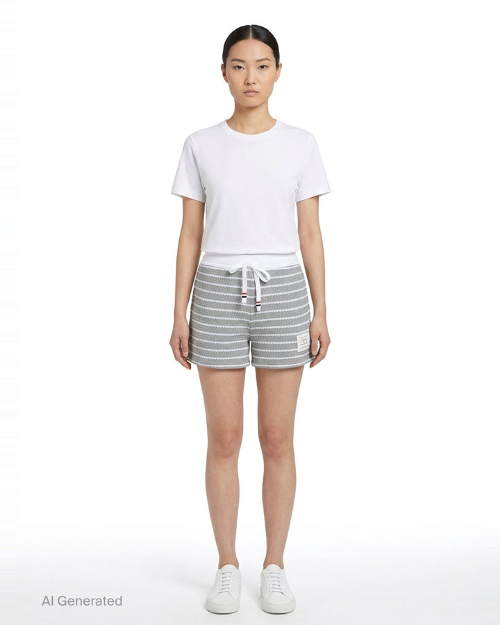 Thom Browne grey and white striped honeycomb-textured knit shorts with white ribbed waistband, drawstring tie with stripe detail, and woven brand label at hem - front
