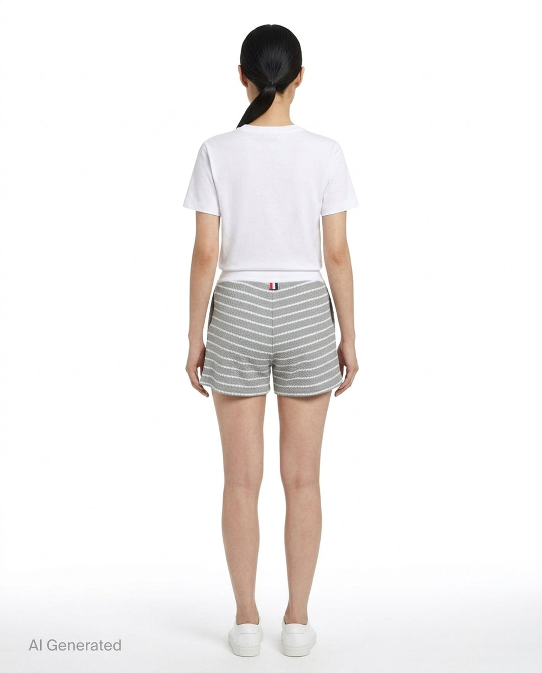 Thom Browne grey and white striped honeycomb-textured knit shorts with white ribbed waistband, drawstring tie with stripe detail, and woven brand label at hem - back