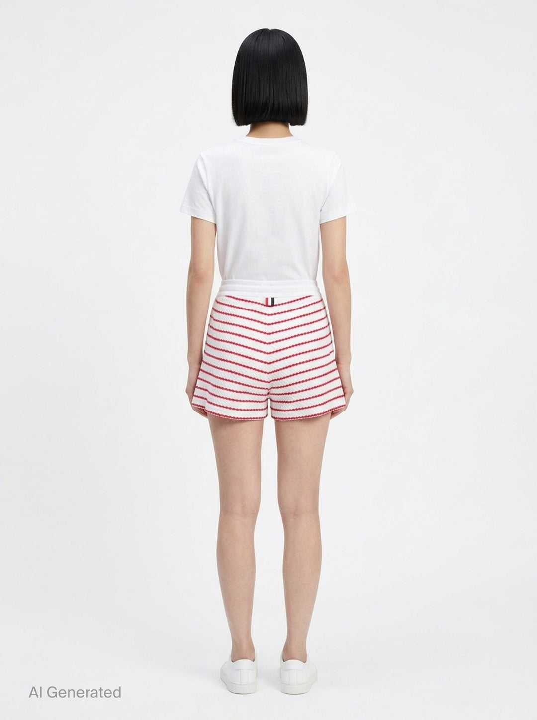 Thom Browne grey and white striped honeycomb-textured knit shorts with white ribbed waistband, drawstring tie with stripe detail, and woven brand label at hem - back